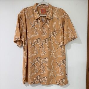 Newport Isle Floral‎ Hawaiian Shirt Mens XL Tan Linen Blend Tropical | Coastal